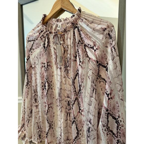 Glam Snake Print Blouse Large Pink Beige Long Sleeve Boho Top - Picture 5 of 6